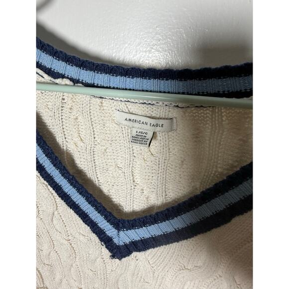 American Eagle White Cable Knit Tennis Preppy Striped Oversized Sweater Large - Picture 3 of 8